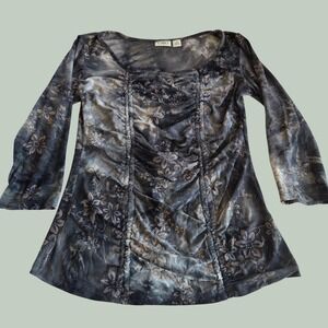Cato Y2K 2000s Grey Tie Dye Floral Beaded Ruched 3/4 Sleeve Top Small Cinched